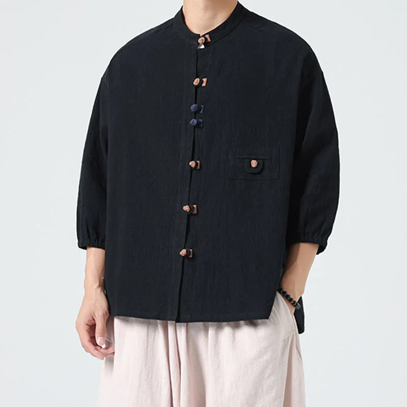 Buddha Stones Summer Frog-Button Front Stand Collar Men's Three Quarter Sleeve Cotton Shirt Cardigan With Pocket