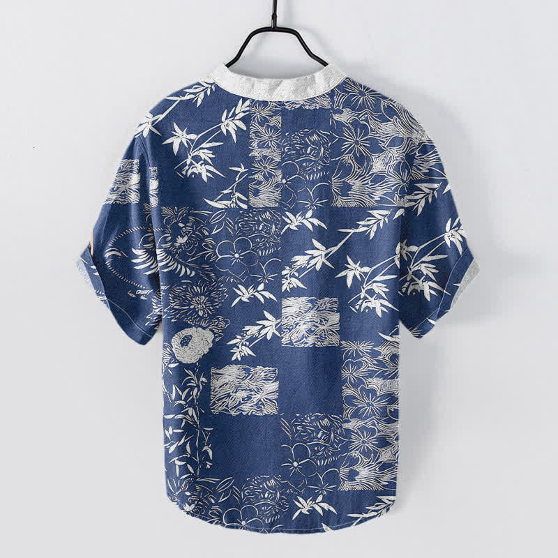 Buddha Stones Cotton Bamboo Plum Emblem Men's Short Sleeve Half Button Shirt