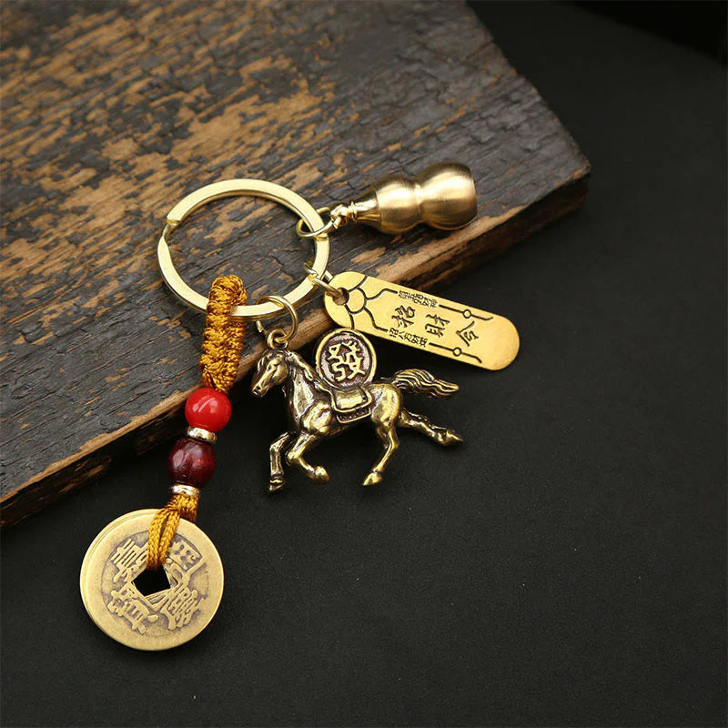 Buddha Stones Year Of The Horse Copper Brass Five-Emperor Coins Wealth Key Chain