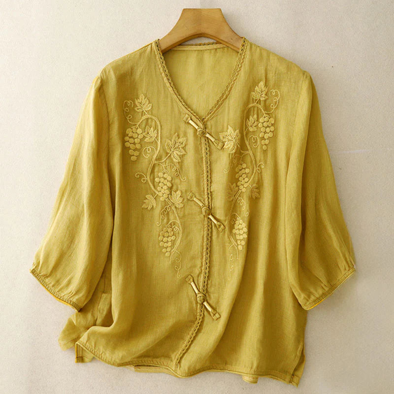 Buddha Stones Embroidered Grapes Pattern Lace Design Frog-Button Three Quarter Sleeve Women's Cotton Shirt
