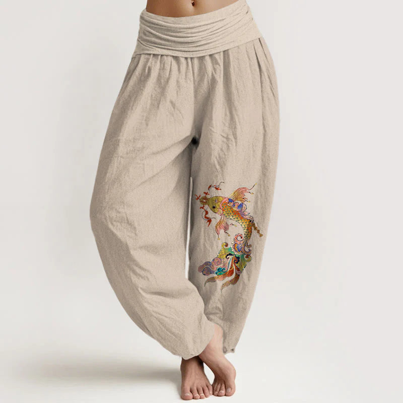 Buddha Stones Pure Cotton Brightly Colored Koi Fish Copper Coins Chinese Characters Pattern Women's Elastic Waist Harem Pants