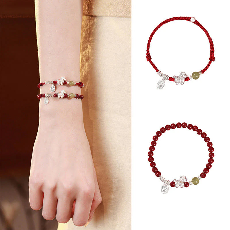 Buddha Stones Year Of The Horse Cinnabar Hetian Jade 999 Sterling Silver Red String Concentration Bracelet