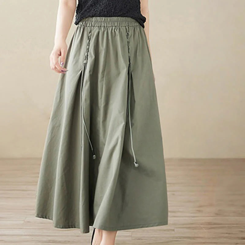 Buddha Stones Summer Casual Pure Color Pleated Design Women's Cotton Skirt