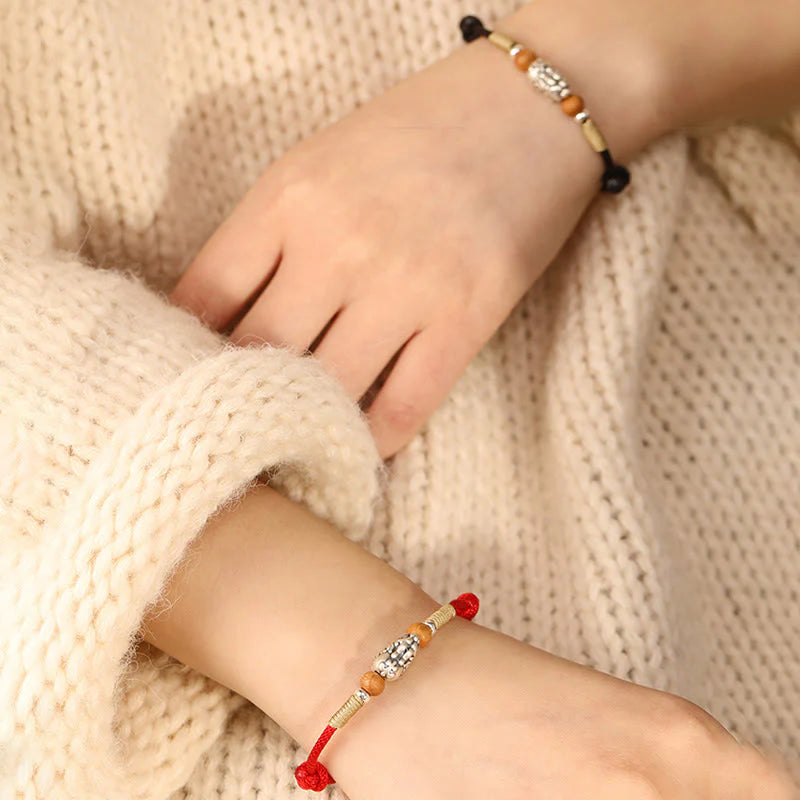 Buddha Stones 999 Sterling Silver Pixiu Charm Peach Wood Bead Handmade String Braided Luck Bracelet Anklet