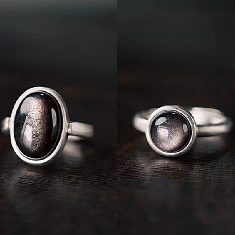 Buddha Stones Natural 925 Sterling Silver Silver Sheen Obsidian Adjustable Protection Ring
