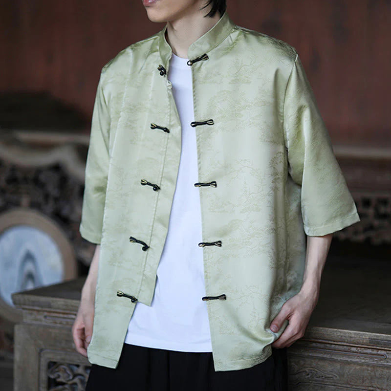 Buddha Stones Summer Pine Tree Mountain Pattern Half Sleeve Frog-Button Design Men's Shirt