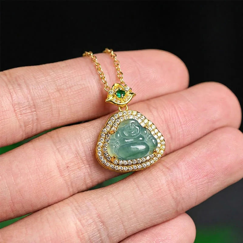 Buddha Stones Jade Laughing Buddha Prosperity Luck Necklace Pendant