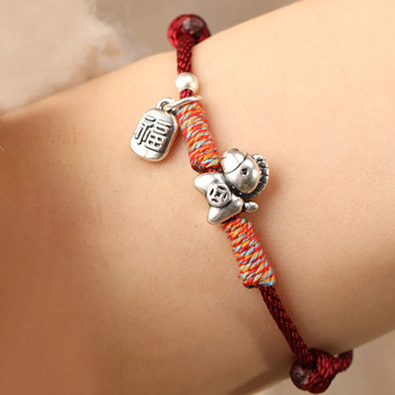 Buddha Stones 999 Sterling Silver Year Of The Horse Fu Character Charm String Braided Luck Bracelet