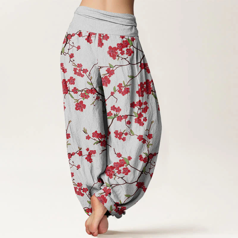 Buddha Stones Cotton Red Peach Blossom Pattern Women's Elastic Waist Harem Pants