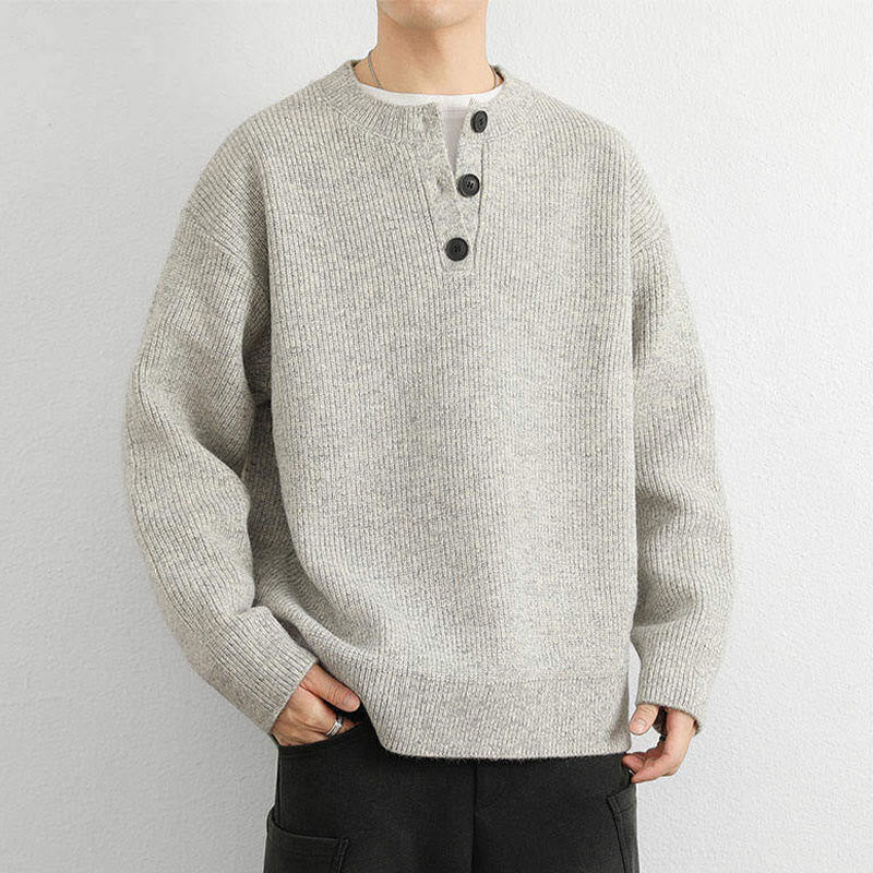 Buddha Stones Winter V-Neck Buttons Ribbed Design Warm Men's Long Sleeve Knitted Sweater