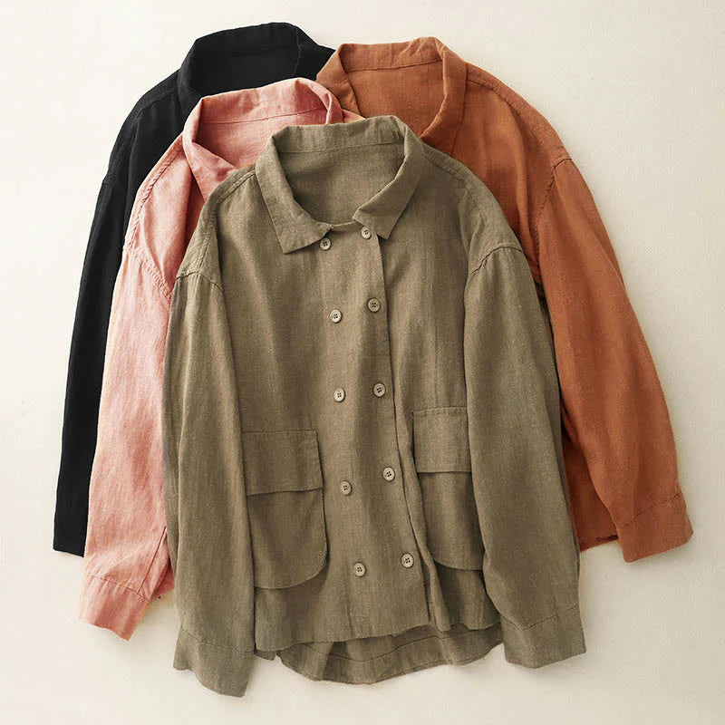 Buddha Stones Double‑Breasted Design Long Sleeve Women's Cotton Jacket With Pockets