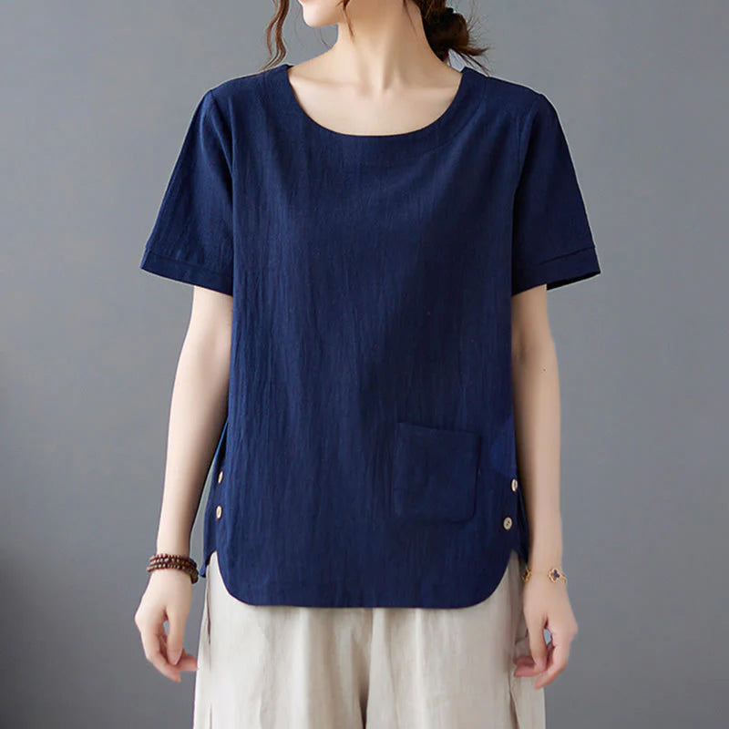 Buddha Stones Side Slit Design Women's Cotton Linen Crew Neck Short Sleeve T-Shirt Wtih Pocket