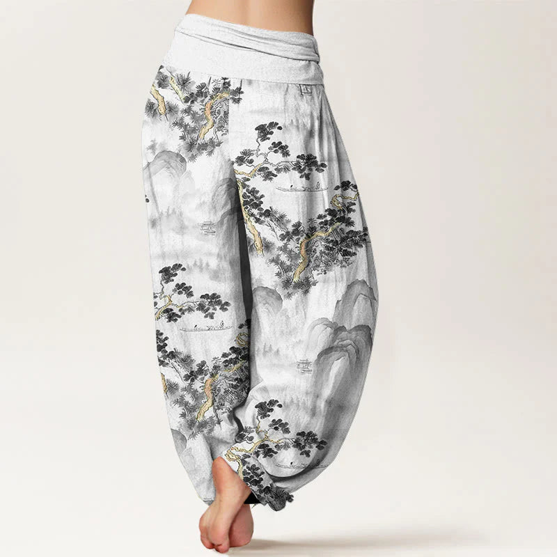 Buddha Stones Print Pine Trees Mountains Pattern Pure Cotton Women's Elastic Waist Harem Pants