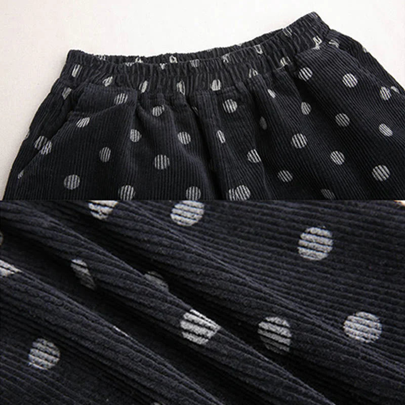 Buddha Stones Women's Fall Commute Printing Dot Pattern Corduroy Harem Pants With Pockets