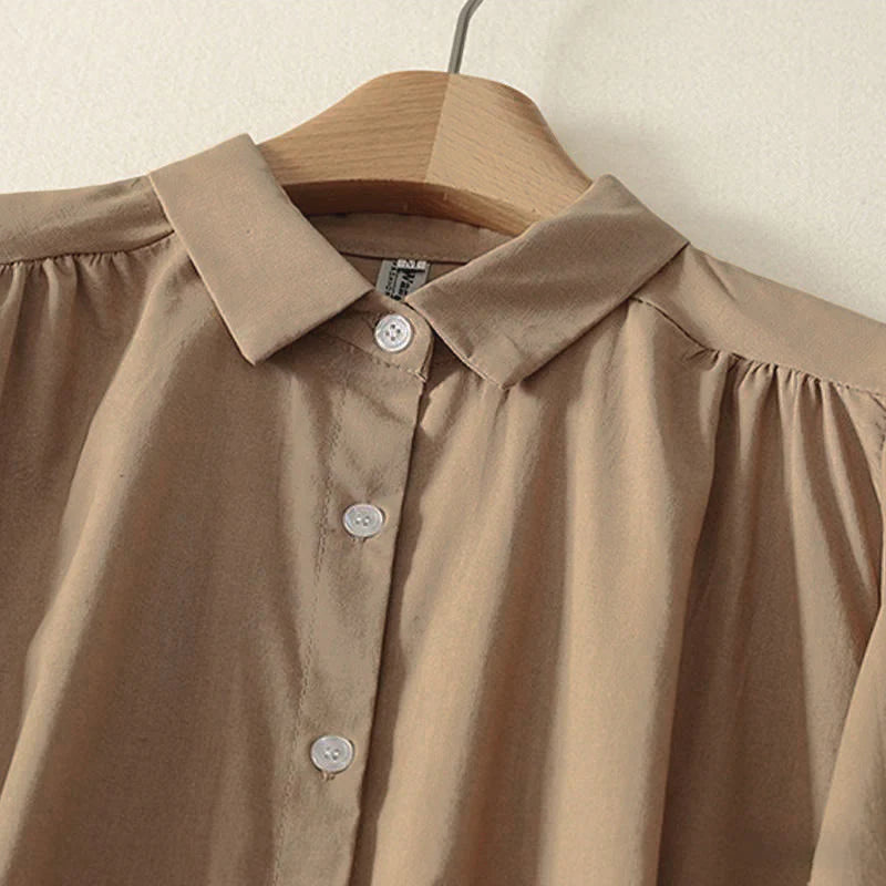 Buddha Stones Fall Solid Color Lapel Buttons Long Sleeve Cotton Midi Dress With Pockets