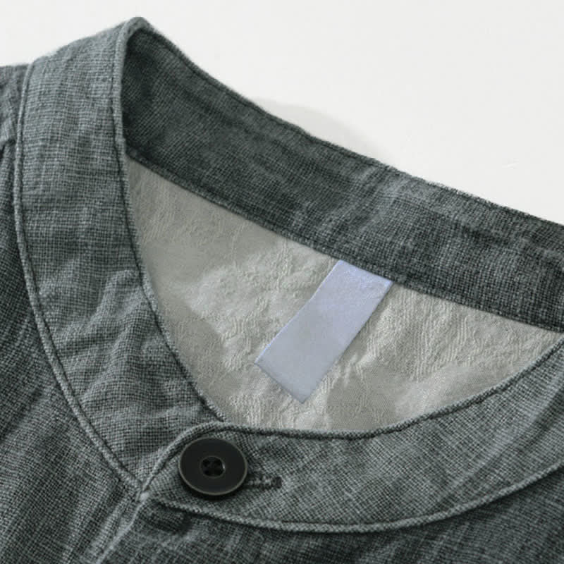 Buddha Stones Fall Plain Long Sleeve Buttons Design Men's Ramie Linen Cotton Shirts With Pocket