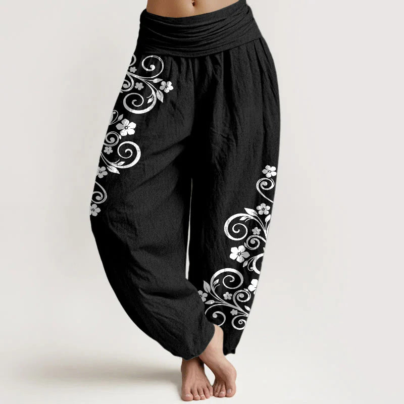 Buddha Stones Pure Cotton Elegant Vine Flower Pattern Women's Elastic Waist Harem Pants
