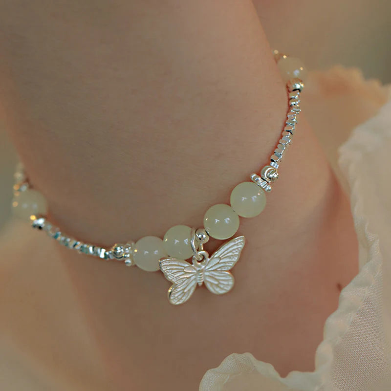 Buddha Stones 925 Sterling Silver Natural Hetian Jade Luck Butterfly Charm Bracelet