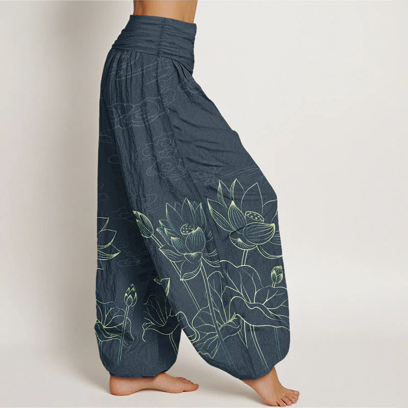 Buddha Stones Pure Cotton Concise Lotus Flower Leaf Pod Bud Cloud Pattern Women's Elastic Waist Harem Pants