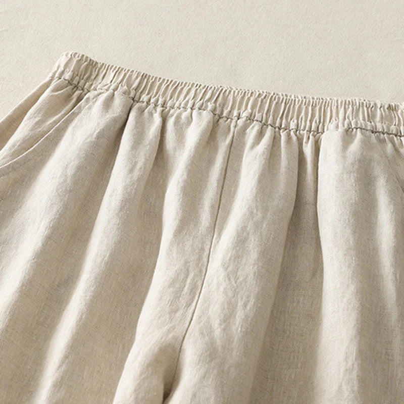 Buddha Stones Summer Daily Solid Color Elastic Waistband Design Women's Wide Leg Cotton Linen Pants With Pockets
