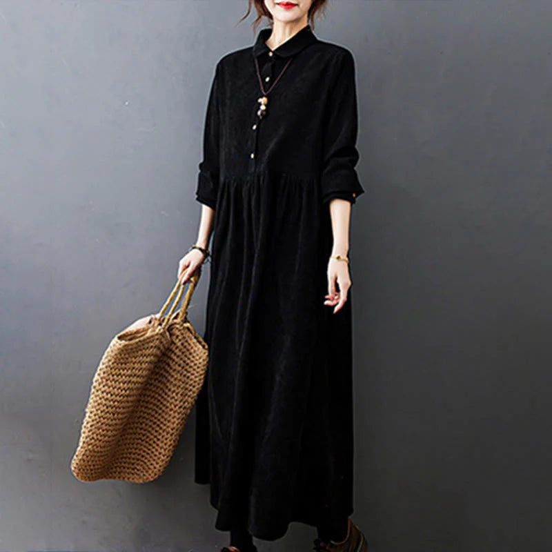 Buddha Stones Fall Buttons Design Long Sleeve Cotton Corduroy Midi Dress With Pockets