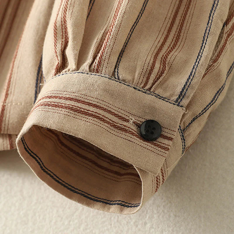 Buddha Stones Casual Retro Stripes Women's Long Sleeve Polyester Shirt