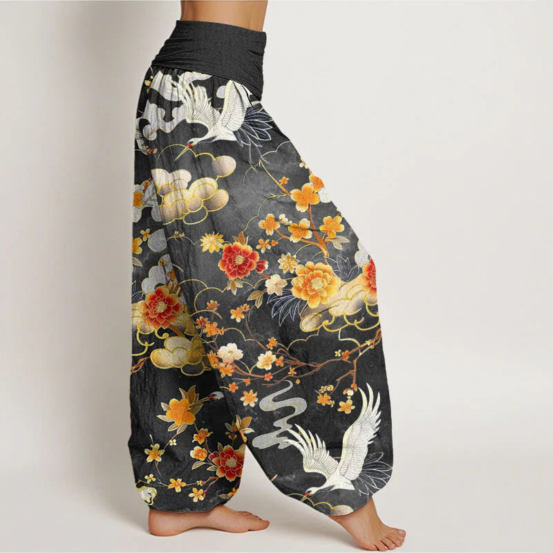 Buddha Stones Cotton Auspicious Clouds White Cranes Red Flowers Pattern Design Women's Elastic Waist Harem Pants