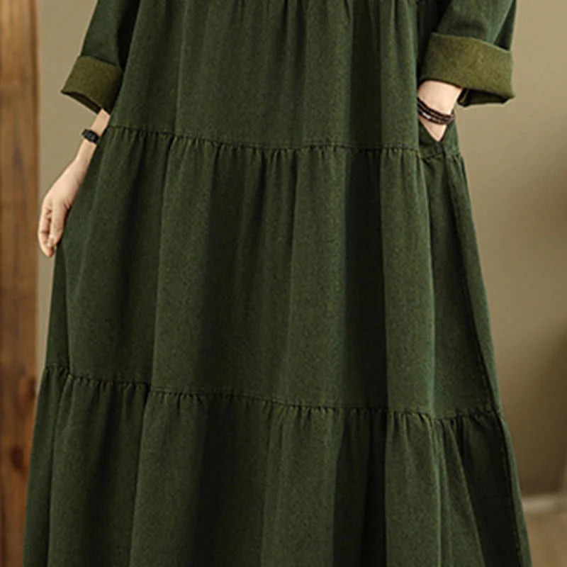 Buddha Stones DarkOliveGreen Patchwork Long Sleeve Design Cotton Women's Maxi Dress With Pockets