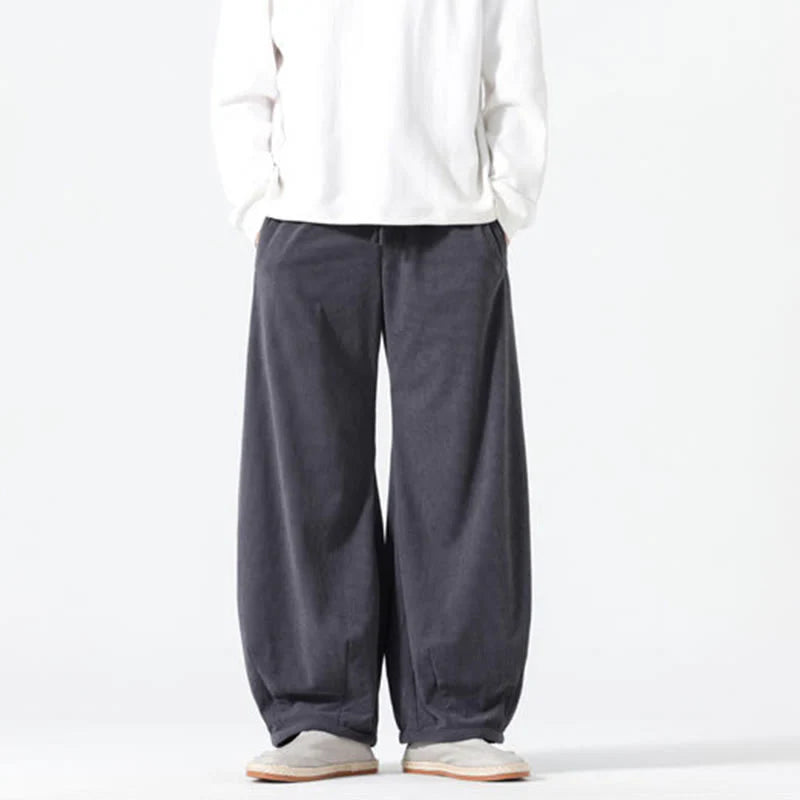 Buddha Stones Spring Pure Color Drawstring Design Corduroy Cotton Men's Harem Pants With Pockets