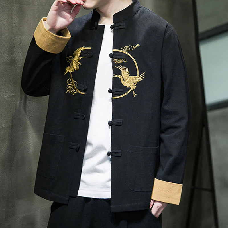 Buddha Stones Embroidery Cranes Pattern Frog-Button Men's Cotton Long Sleeve Jacket With Pockets