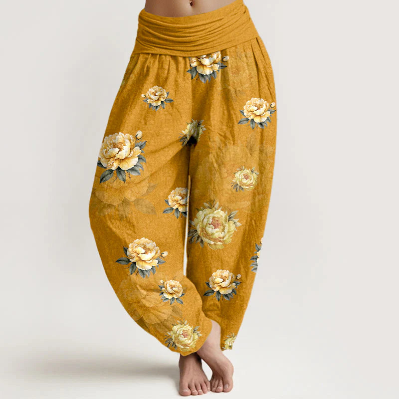 Buddha Stones Cotton Delicate Peony Pattern Women's Elastic Waist Harem Pants