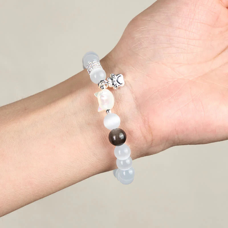 Buddha Stones Cat Head White Cat's Eye Silver Sheen Obsidian Positive Bracelet
