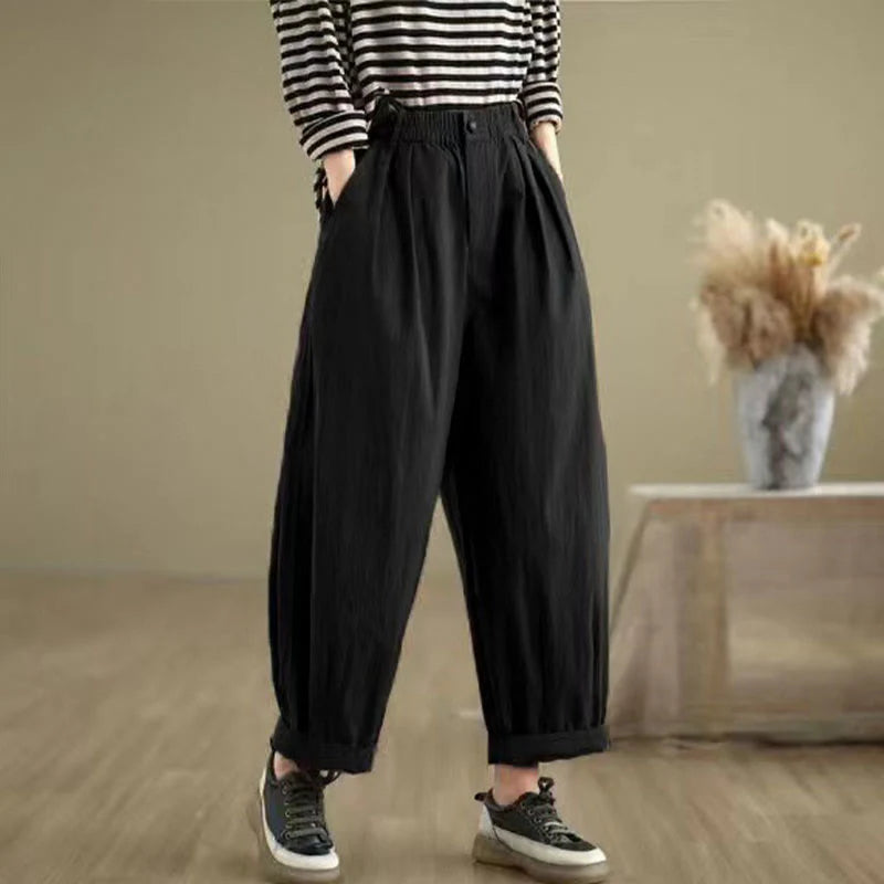 Buddha Stones Casual Solid Color One Top Button Elastic Waistband Women's Pants With Pockets