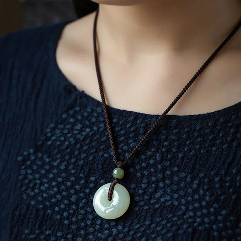 Buddha Stones Natural Round Jade Peace Buckle Luck Prosperity Necklace Pendant