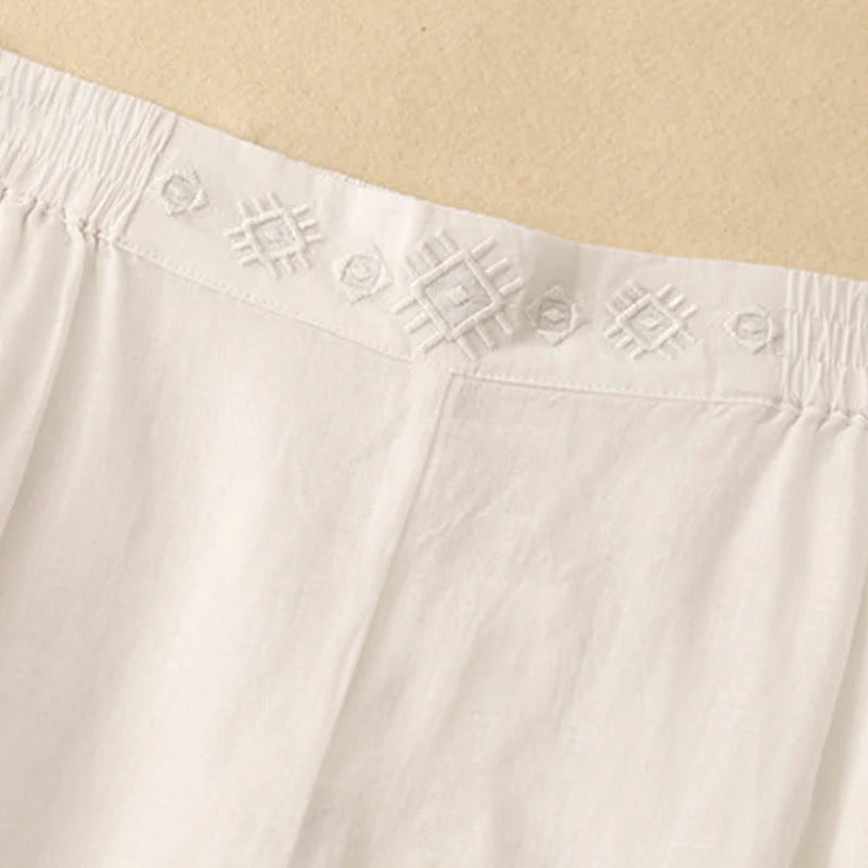 Buddha Stones Geometric Embroidery Elastic Waist Women's Cotton Linen Wide Leg Pants With Pockets