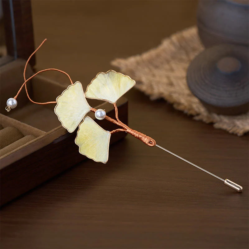 Buddha Stones Handcrafted Silk Art Velvet Flower Ginkgo Leaf Brooch