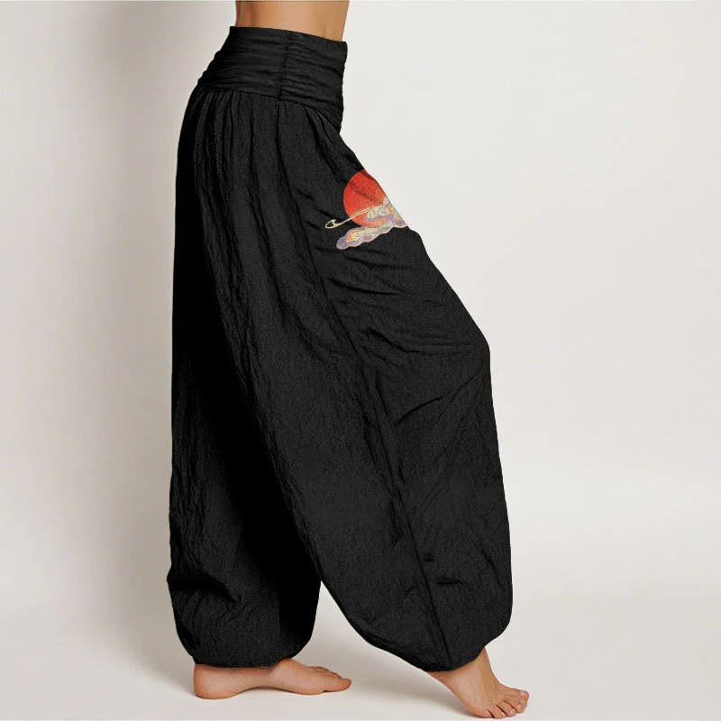 Buddha Stones Pure Cotton Concise Sun Cloud Crane Pine Tree Pattern Women's Elastic Waist Harem Pants