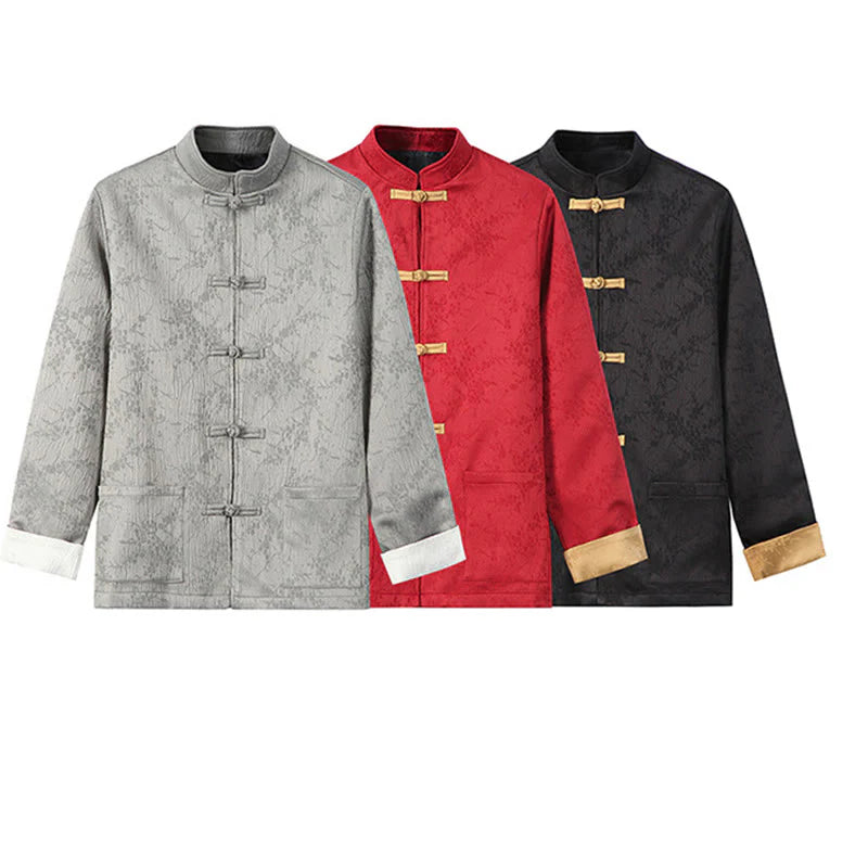 Buddha Stones Jacquard Stand Collar Long Sleeve Men's Cotton Jacket With Pockets
