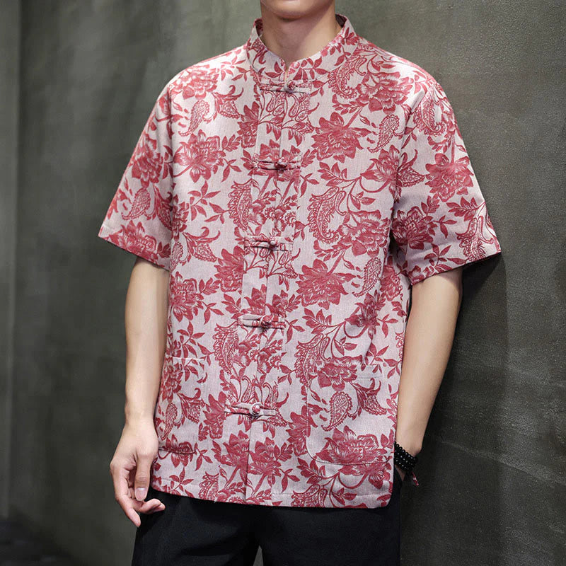 Buddha Stones Casual Jacquard Paisley Flower Plant Pattern Frog-Button Design Men's Cotton Shirt Cardigan With Pockets
