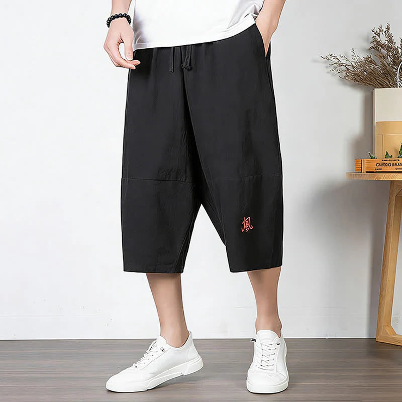Buddha Stones Plain Drawstring Capri Length Men's Cotton Linen Harem Pants With Pockets
