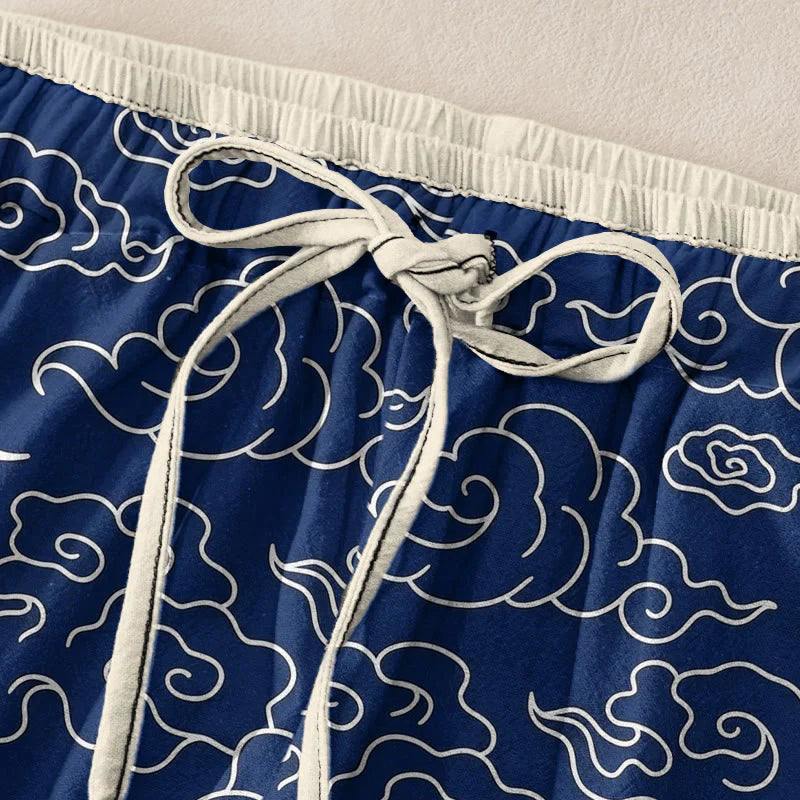Buddha Stones Pure Cotton Casual Auspicious Cloud Pattern Women's Elastic Waist Pants With Pockets