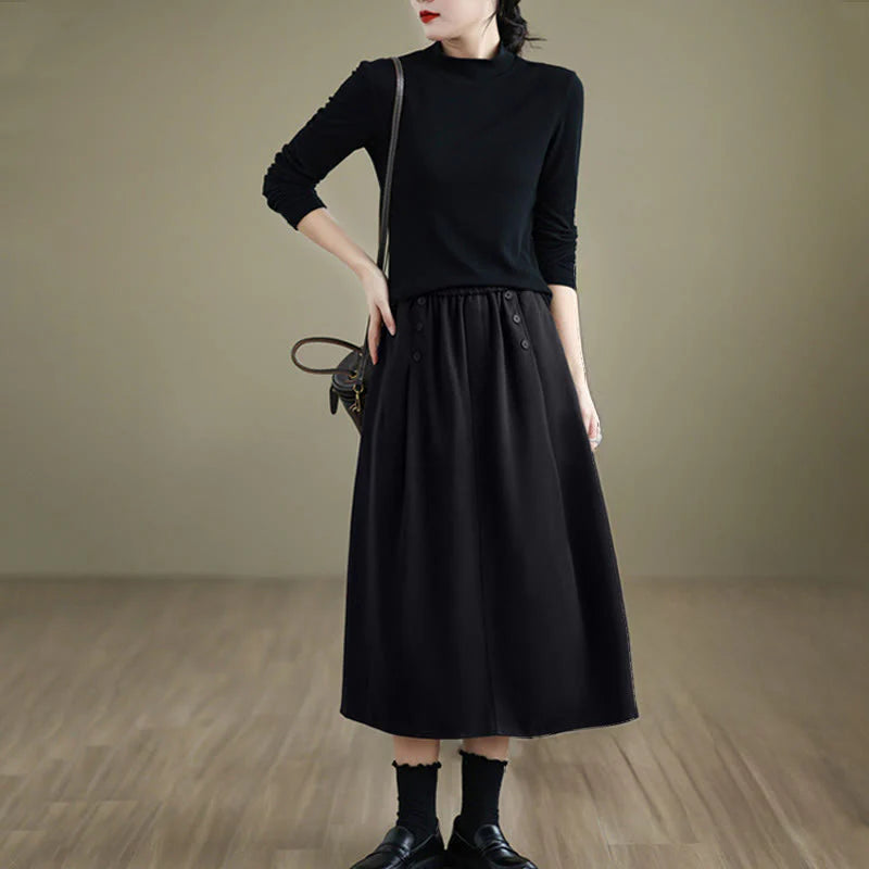 Buddha Stones Women's Winter Pure Color Cotton 7-8 Length Elastic Waistband Skirt With Pockets