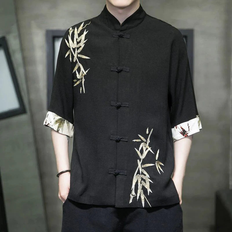 Buddha Stones Men's Frog-Button Bamboo Linen Half Sleeve Shirt