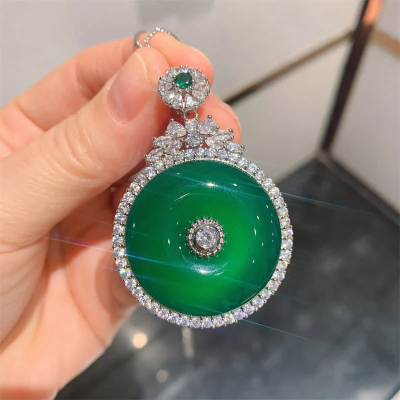 Buddha Stones Green Chalcedony Round Peace Buckle Strength Necklace Pendant