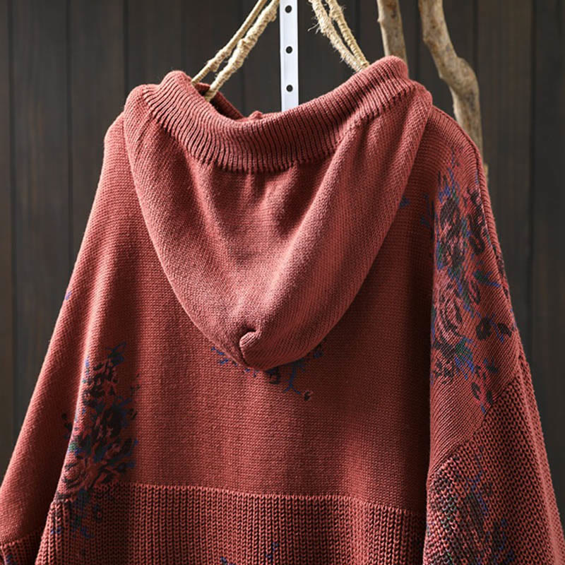 Buddha Stones Women's Knitted Floral Cotton Long Sleeve Hooded Sweater