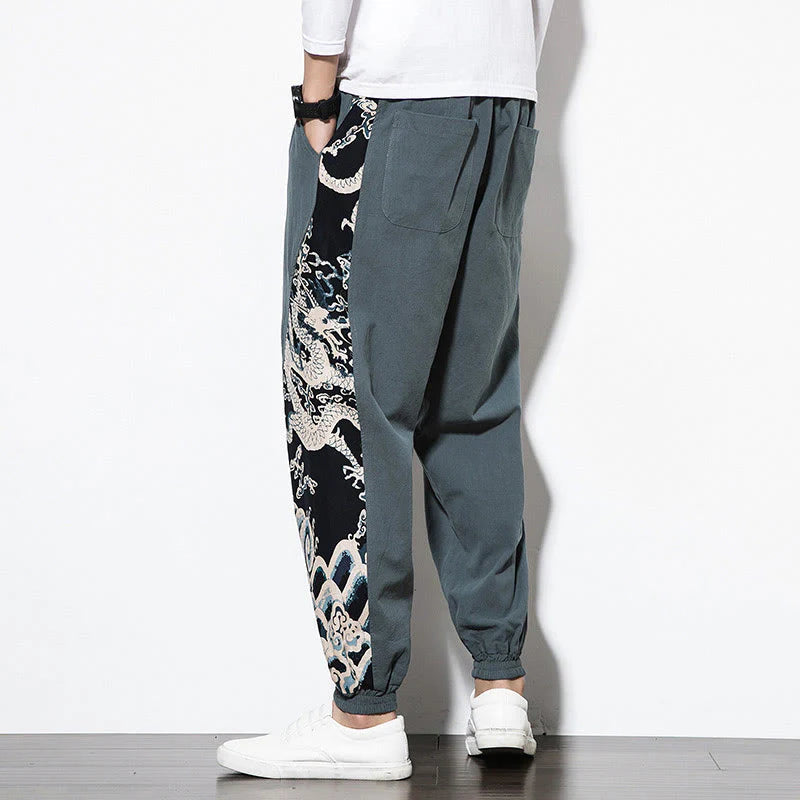 Buddha Stones Summer Dragon Waves Cotton Men's Pants With Pockets