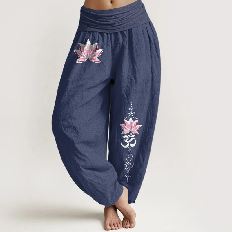 Buddha Stones Cotton Pink Lotus OM Pattern Women's Elastic Waist Harem Pants