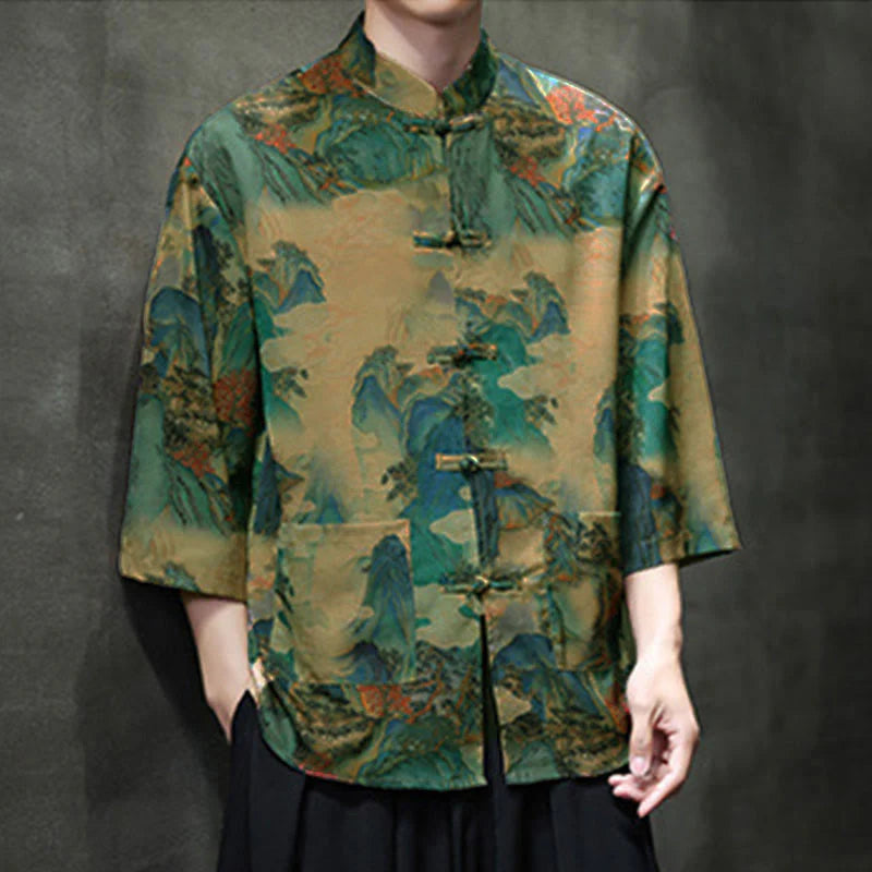 Buddha Stones Spring Frog-Button Dragon Mountain Flower Three Quarter Sleeve Tang Suit Men's Shirt With Pockets