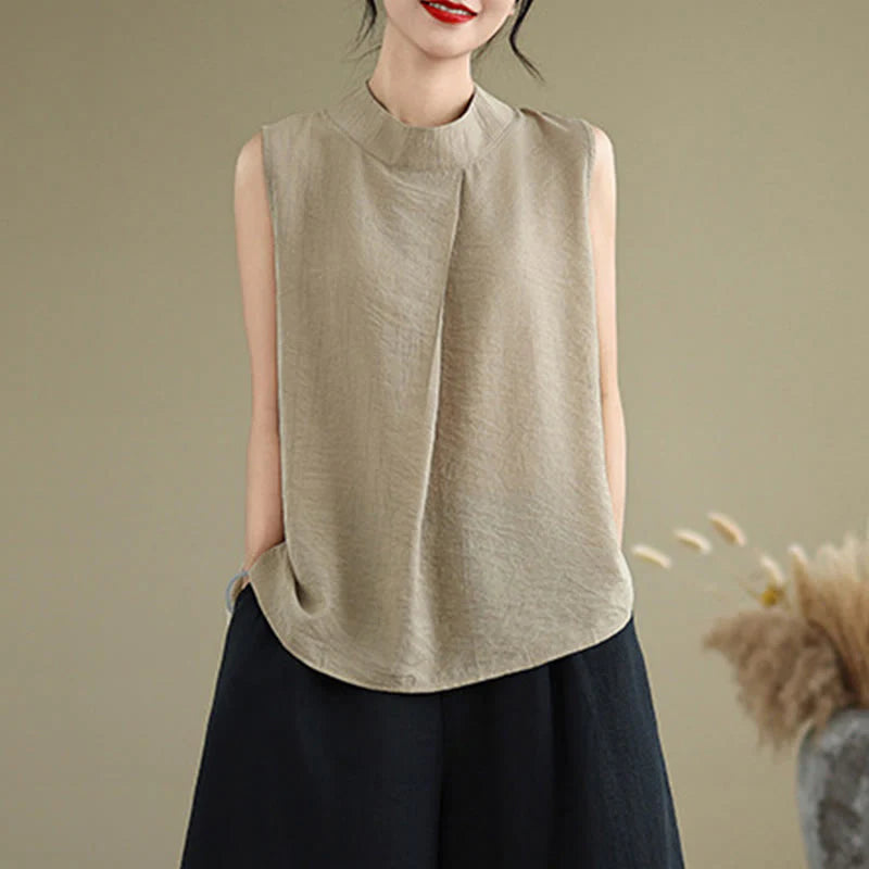Buddha Stones Casual Plain Back Buttom Design Stand Collar Cotton Linen Women's Sleeveless Vest