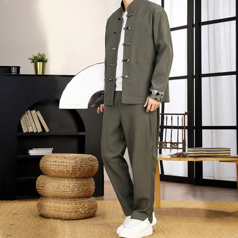 Buddha Stones 2Pcs Tang Suit Frog-Button Men's Waves Long Sleeve Shirt Pants Clothing Set